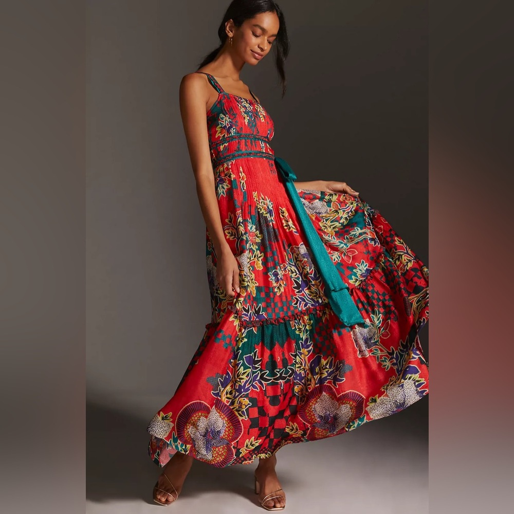 Anthropologie Bhanuni by Jyoti Pleated Floral Midi Dress NWT Size XL Red Floral